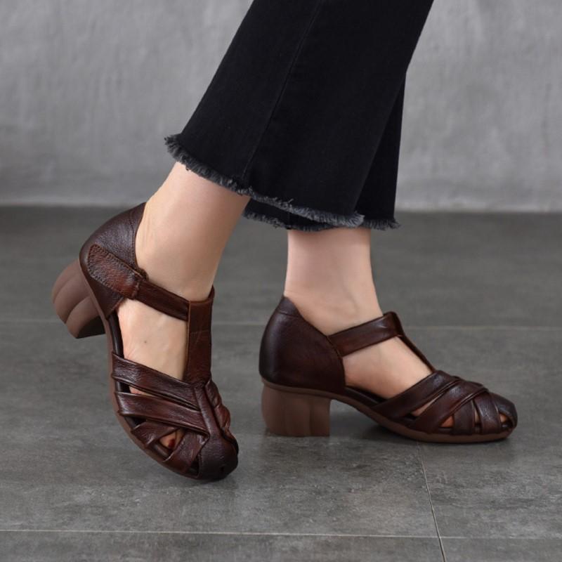 Johnature Genuine Leather Retro Round Toe Middle Heel Sandals Versatile Comfortable Thick Heel Women's Shoes
