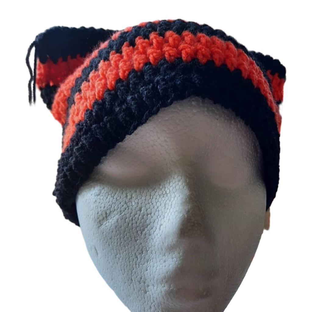 Knit Stripe Pattern Cat Ear Hat Elastic Windproof Hat with Tassels Decor Ear Protector Hat Winter Cycling Skiing Hat