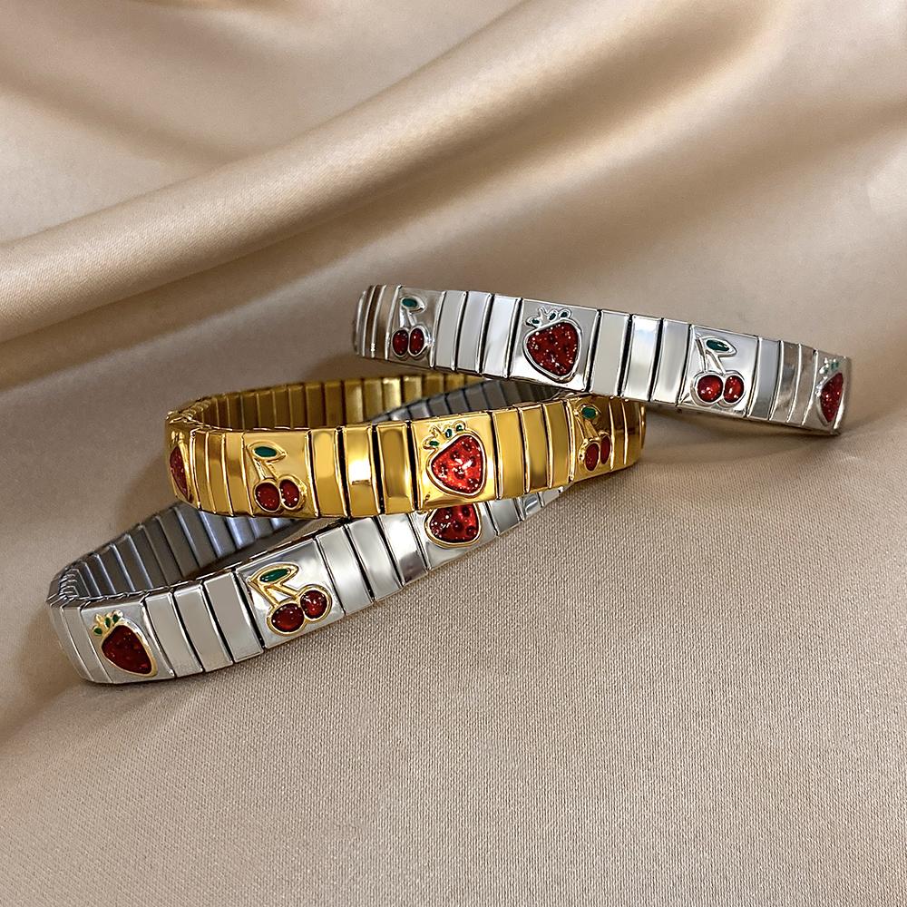 316L Stainless Steel Gold Color Strawberry Cherry Elastic Bangle Bracelet For Women Men Statement New Trend Wrist Zircon Gift