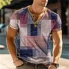 Summer 3D Printed Men's Button T Shirt Retro Patchwork Pattern Cool Breathable Short Sleeve Trendy Casual T Shirt Oversized Top