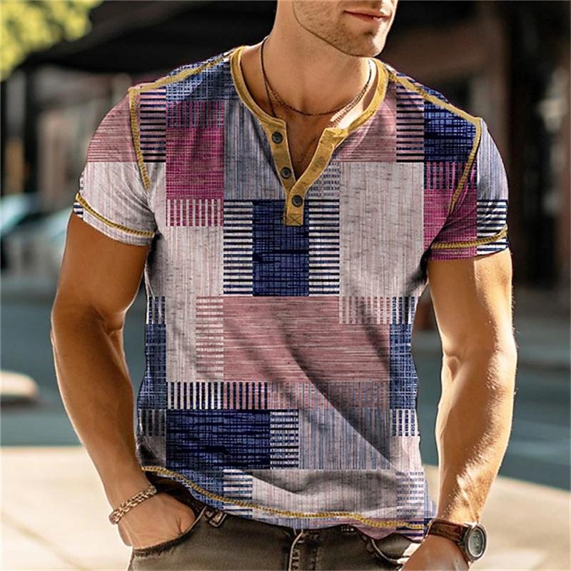 Summer 3D Printed Men's Button T Shirt Retro Patchwork Pattern Cool Breathable Short Sleeve Trendy Casual T Shirt Oversized Top