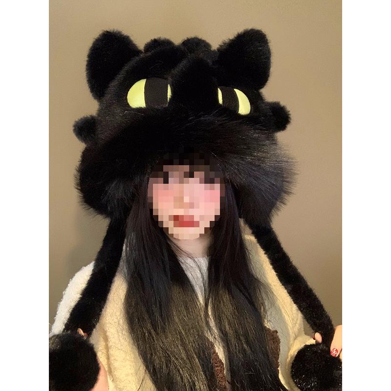 Women's Cute Black Toothless Plush Hat: Fleece-lined, Thick, Warm, Cold-proof, Ear-Protecting Winter Riding Hat.