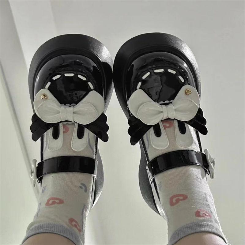 Woman Pumps Round Toe with Bow Cute Japanese Style Lolita Shoes for Women Black Kawaii Elegant Dress Genuine Mark Luxury Brand