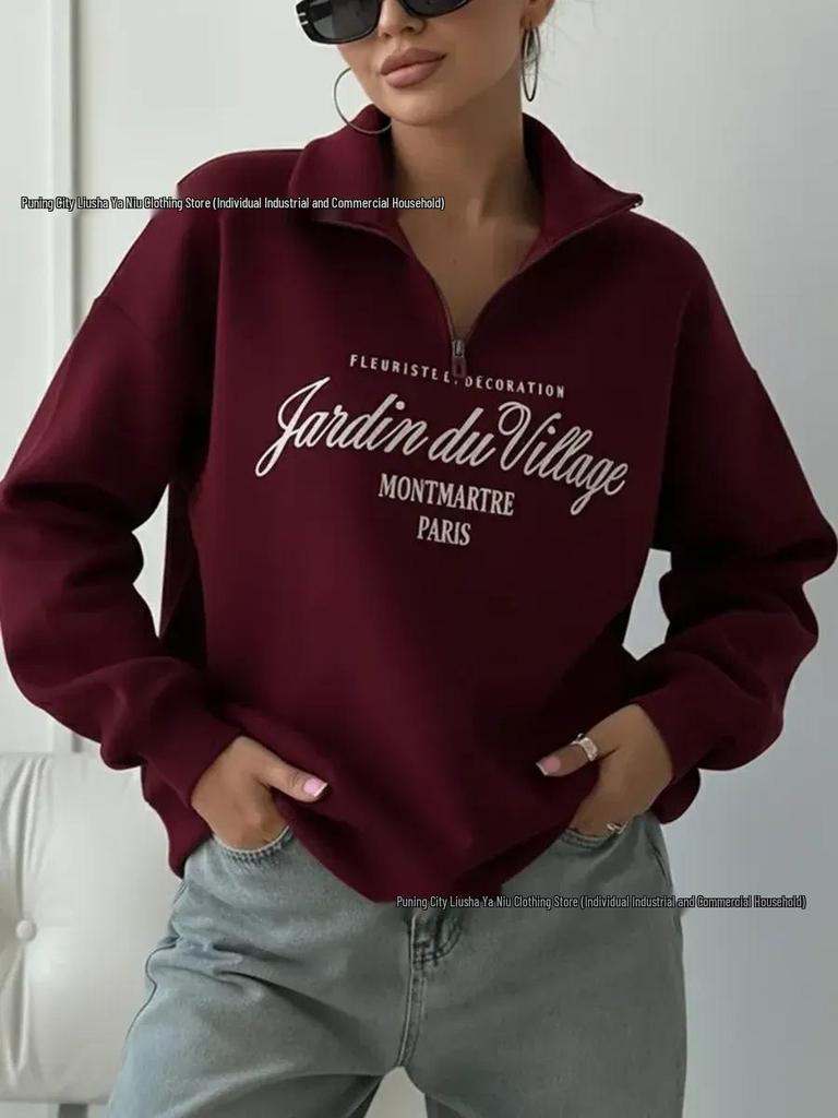 Women's Retro Casual Loose Letter Print Half-Zip Hoodie