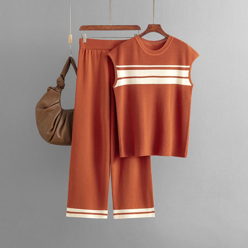 New fashion casual suit loose contrasting color striped sleeveless top + high waist wide leg trousers two-piece set