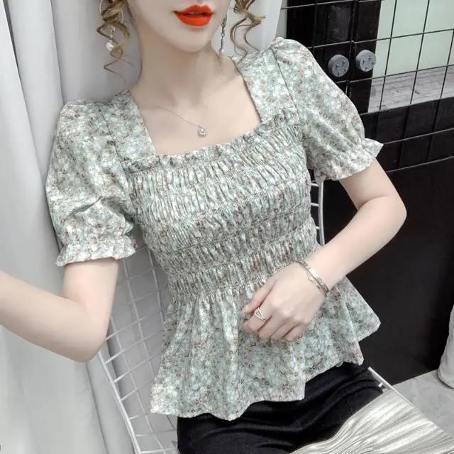 Petite Gentle French Retro Puff Sleeve Floral Chiffon Dress - Summer 2026 S [Under 95 lbs]