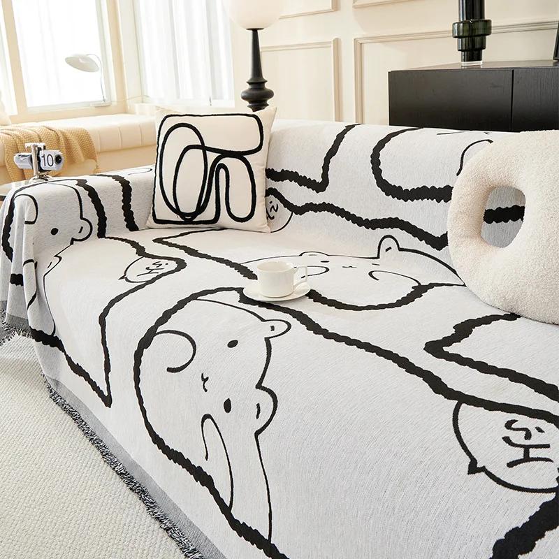 Sofa Cushion With Tassel Cover Cloth Towel Anti Slip Dustproof Integrated Anti Slip Cartoon Cute Bear Comfortable Home Item