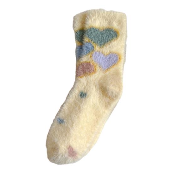Dámské chlupaté ponožky s posádkou Zimní teplé plyšové ponožky Roztomilý vzor srdce a mašle Měkké ponožky pro dívky na doma, na lenošení, na ven