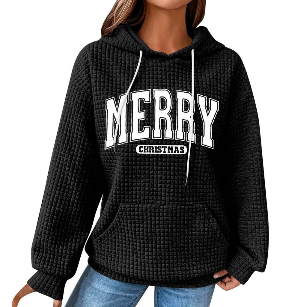 Women's Fashion Loose Hooded Pullover Long Sleeve Plaid Sweatshirt With Drawstring, Drop Shoulder, Pocket, Christmas Print Top