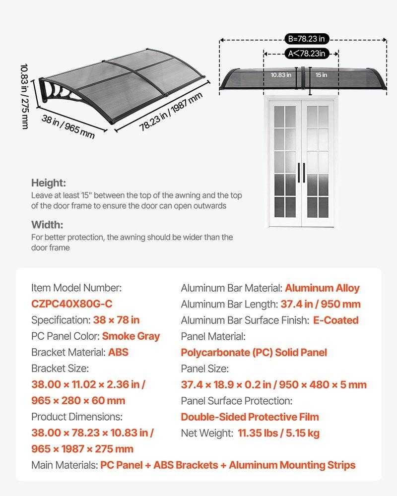 Awnings for Door Entrance, 38 x 78 in, Exterior Front Door Window Awnings with Drainage & ABS Bracket, Rain Snow Sun Protection, Overhang