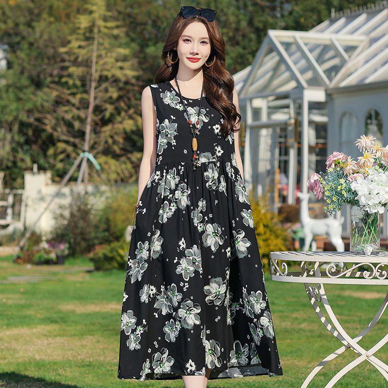 Elegant Plus Size Floral Cotton-Silk Sleeveless Summer Dress