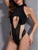 Sexy Perspective Conjoined Mesh Revealing Breasts One Piece Bodysuits Hanging Neck Heart Shape Hollowing Out High Strecth  Ikrp