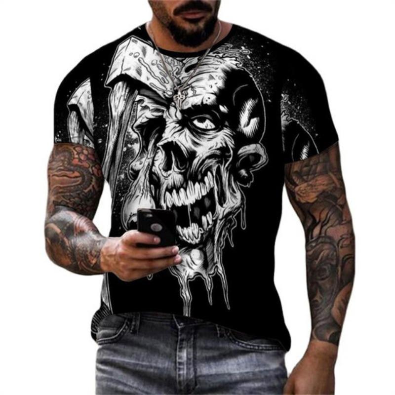 Summer Men's Fashion Trend New T-shirt 3D Flame Skull Digital Print Hip Hop Loose Street Clothing Casual Daily Round Neck Top