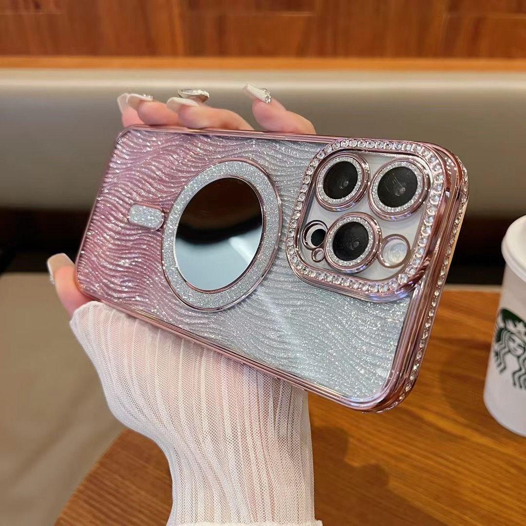 

Роскошный чехол для мобильного телефона iPhone16PRO с магнитной застежкой, с блестками и стразами, зеркальный кронштейн с волнообразным узором, для Apple 14/15 iphon 16PLUS розовый