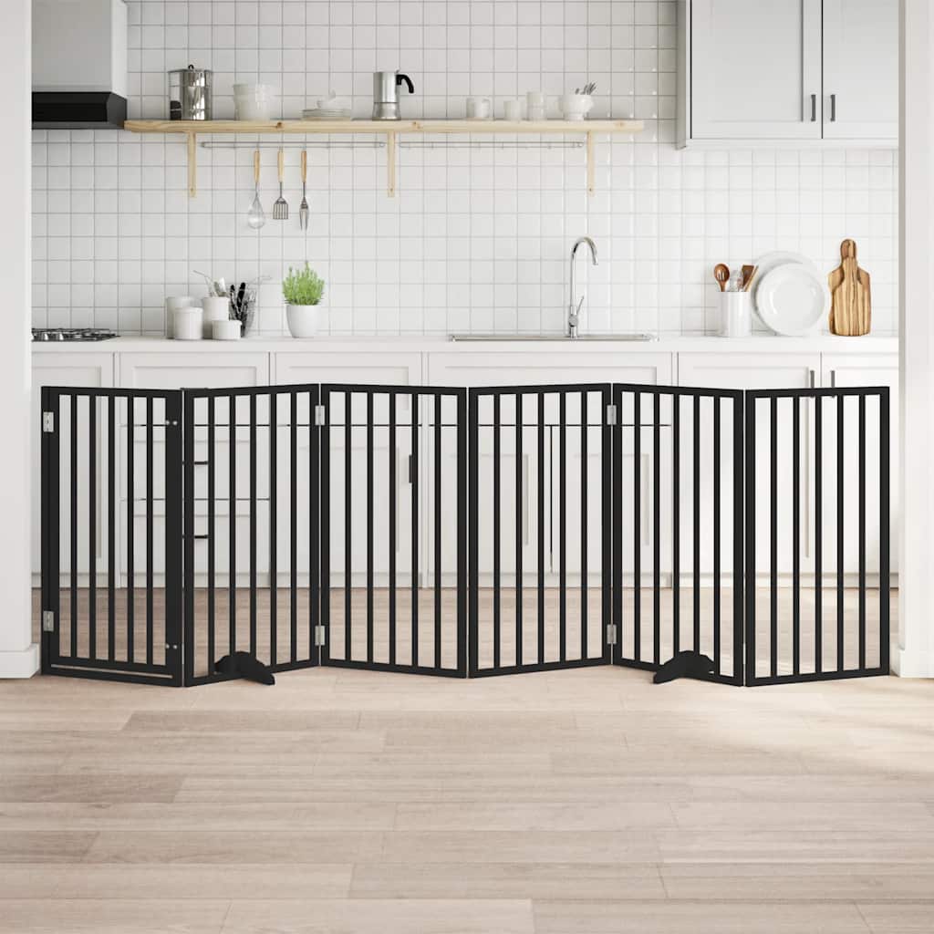 6 Panel Folding Dog Gate with Door Black 300 cm Poplar Wood