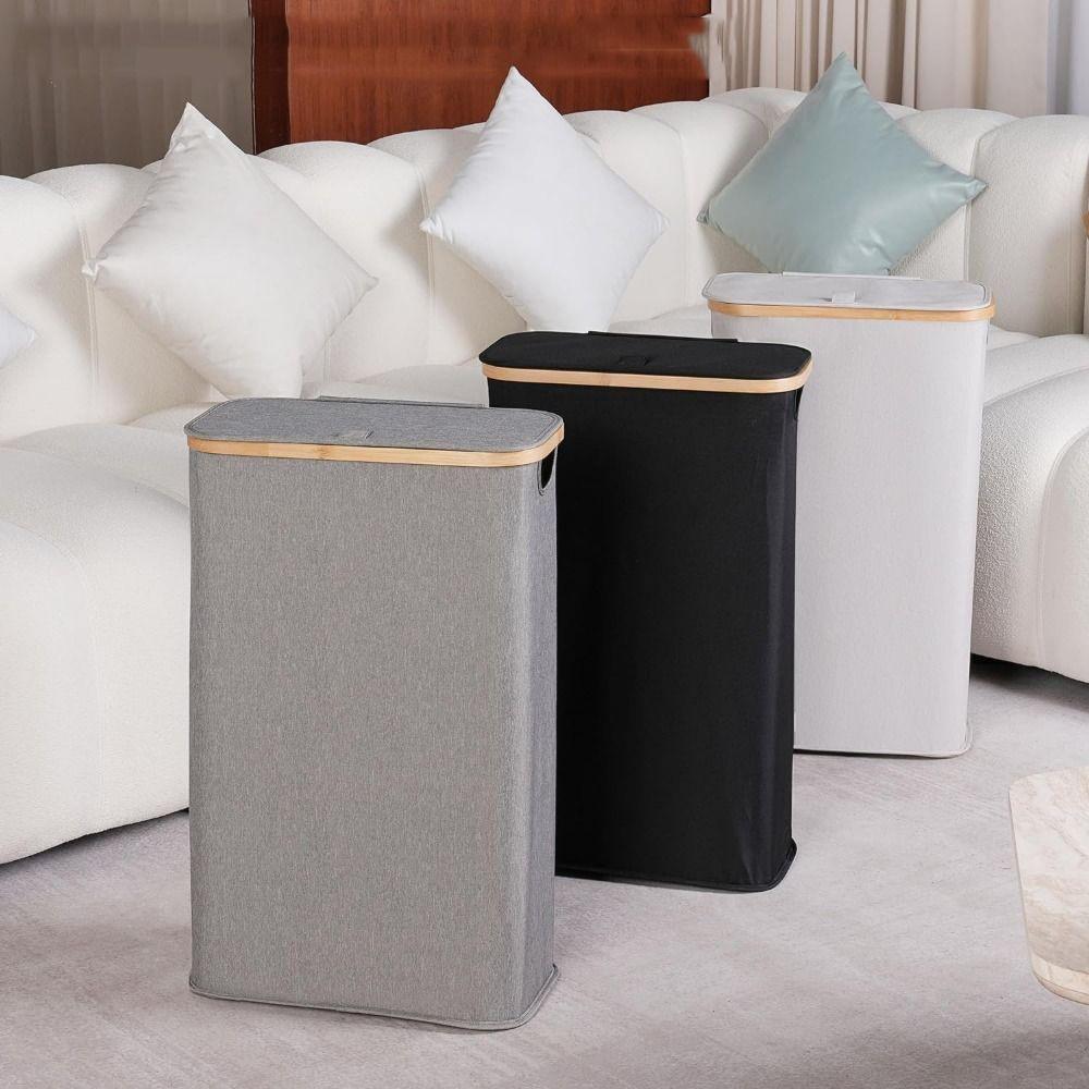 Bamboo Handles Slim Laundry Hamper with Lid Foldable Clothes Basket Bin Storage Bins  Bathroom