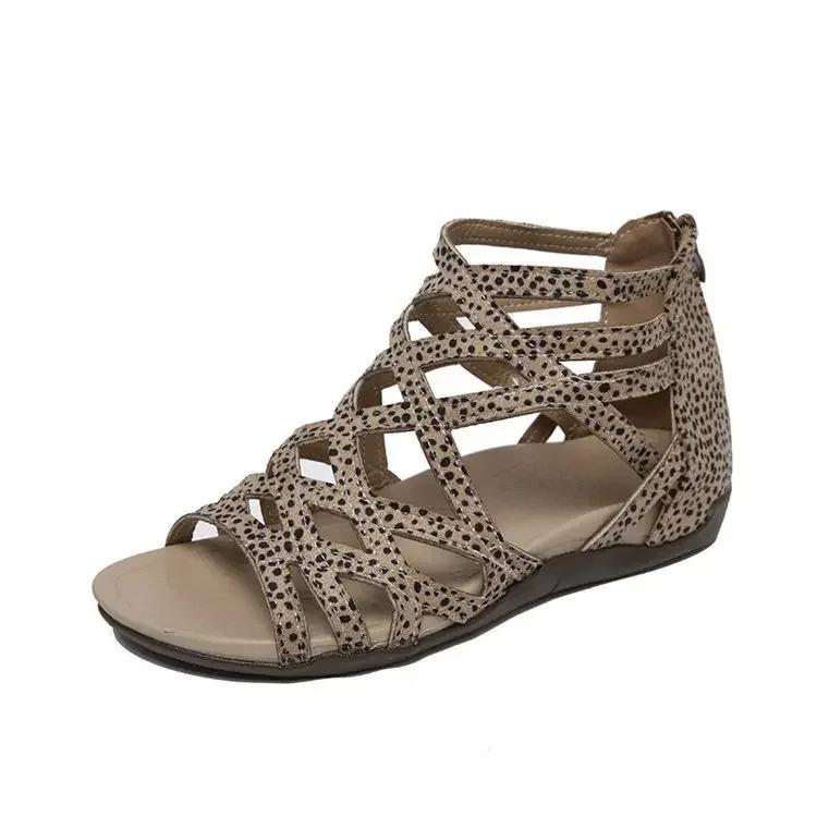 ladies Leopard Slope Heel Sandals Non-slip Lightweight Comfortable Casual womens Slippers Rome Outside Casual Flat Bottom Shoes