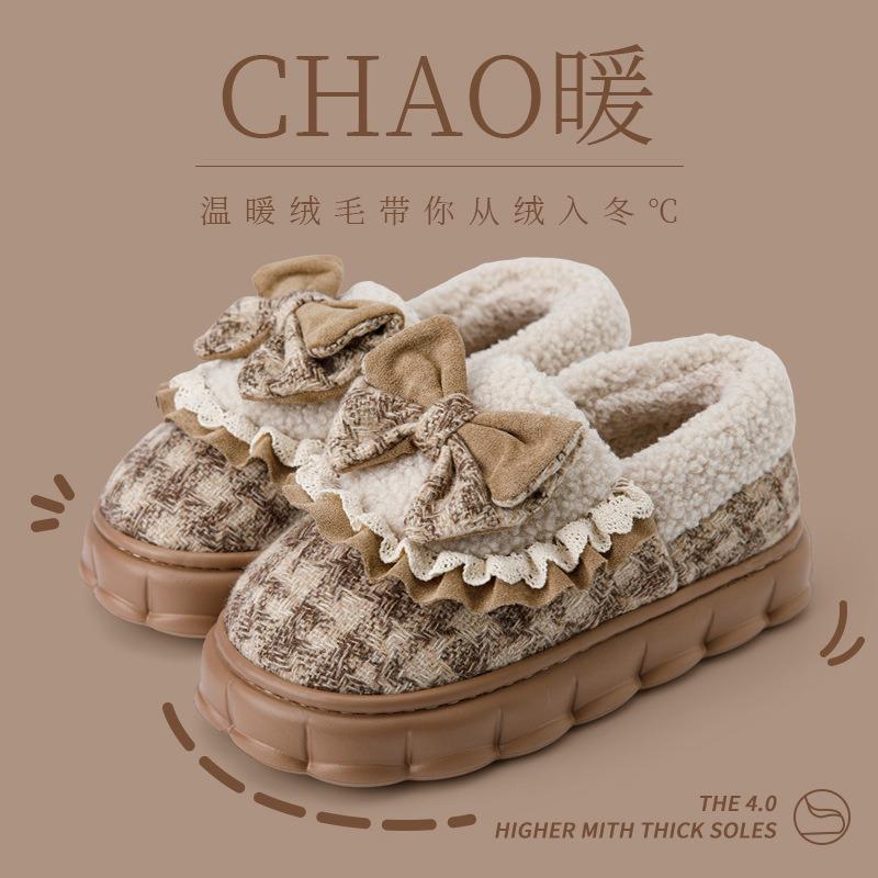 Bow Cotton Slippers Women's Winter New Indoor Home Thick-bottomed Velvet Thermal Bag and Slippers Winter