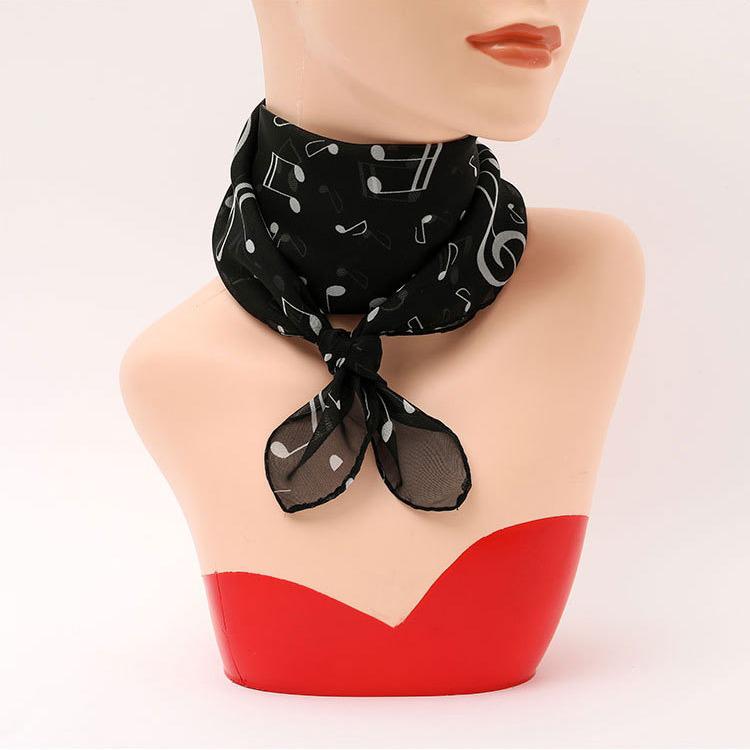 Wczesnowiosenny damski szal szyfonowy: Dynamiczne nuty, 4 kolory, kwadrat 70 cm, jedwabna apaszka na szyję z nadrukiem