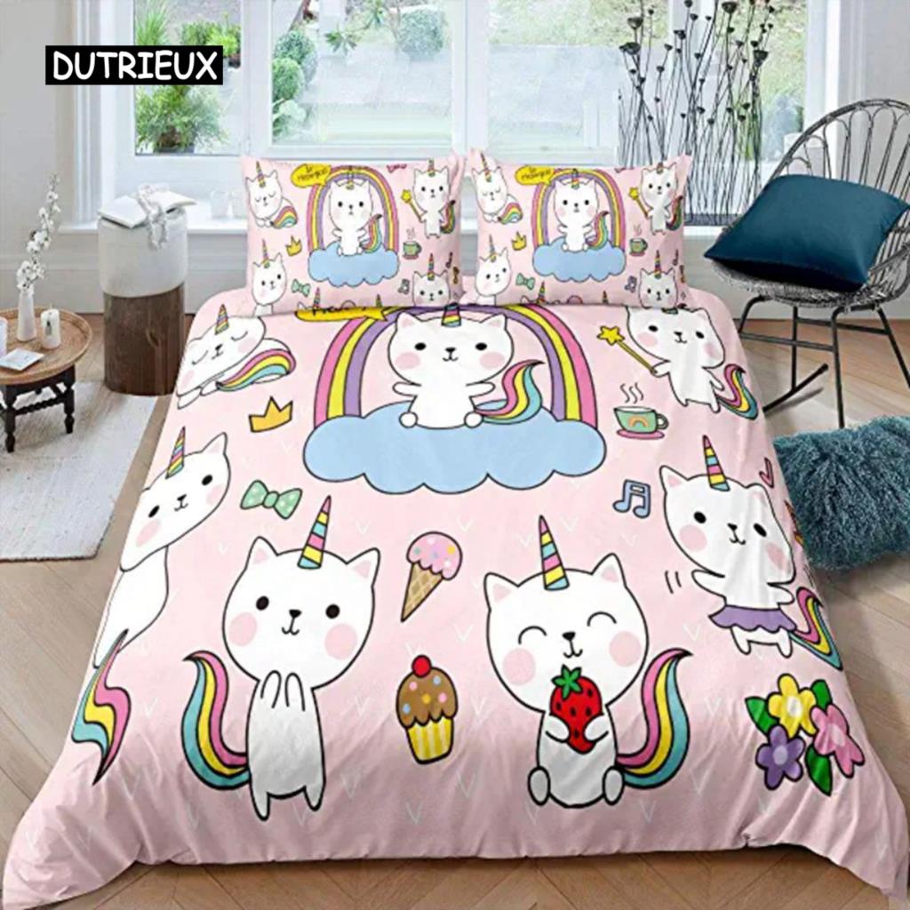 Cartoon Cats Green Duvet Cover Cute Cartoon Cats Pet Bedspread Printed Duvet Cover Set for Boys Girls for Room Decoration Gifts