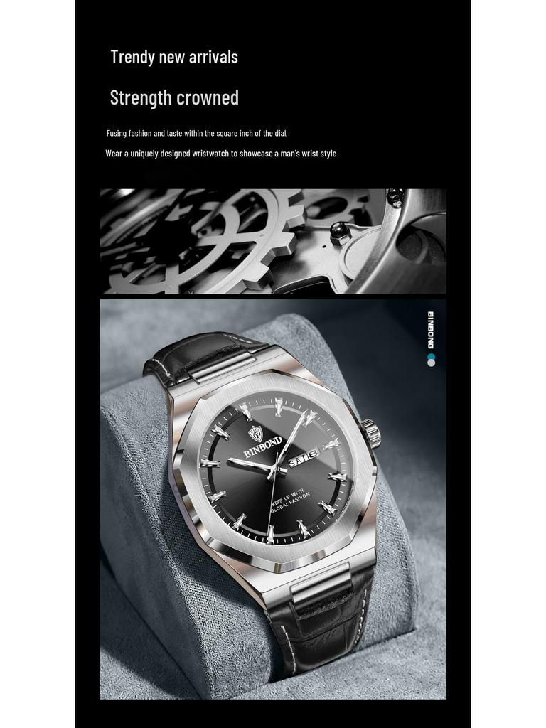 Binbang Men's Luminous Waterproof Quartz Watch with Calendar - Trendy Korean Style