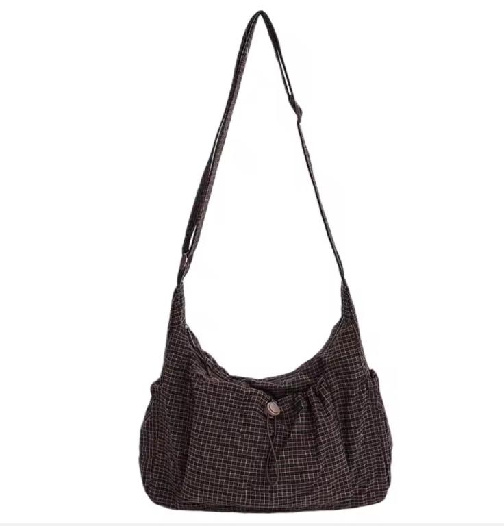 

Korean Style Plaid Casual Shoulder Bag, Lightweight Checkered Crossbody Bag with Adjustable Strap, Cotton Quilted Fabric Handbag