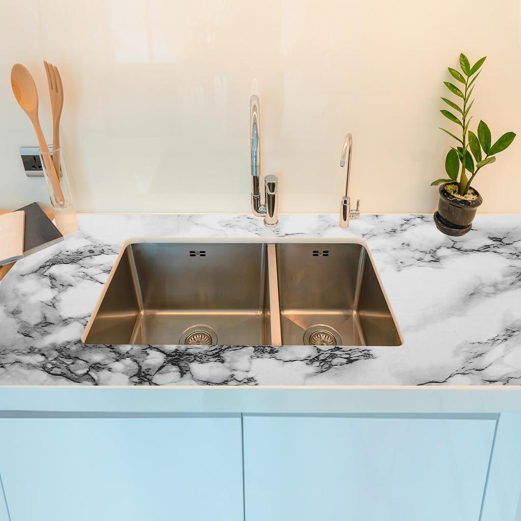 Uxcell Marmor-Tapete, 40 cm x 5 m, Selbstklebende wasserdichte Tapete für Küchenarbeitsplatten, Schränke und Badezimmer, Schwarz & Weiß