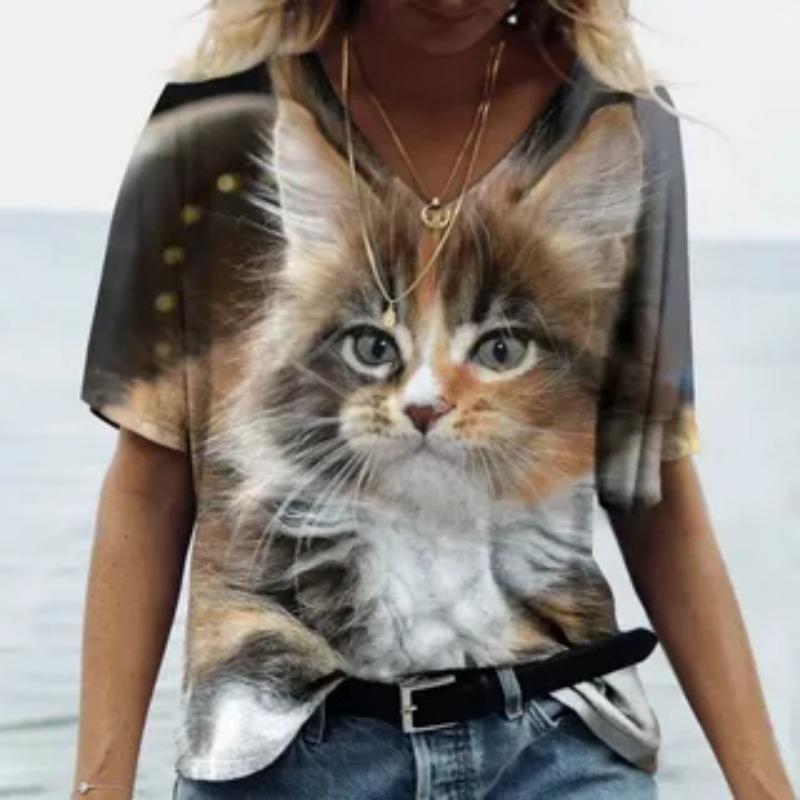 Cat Pattern Summer Loose Women's T-Shirts Casual Comfortable Loose V-Neck Short-Sleeve T-Shirt