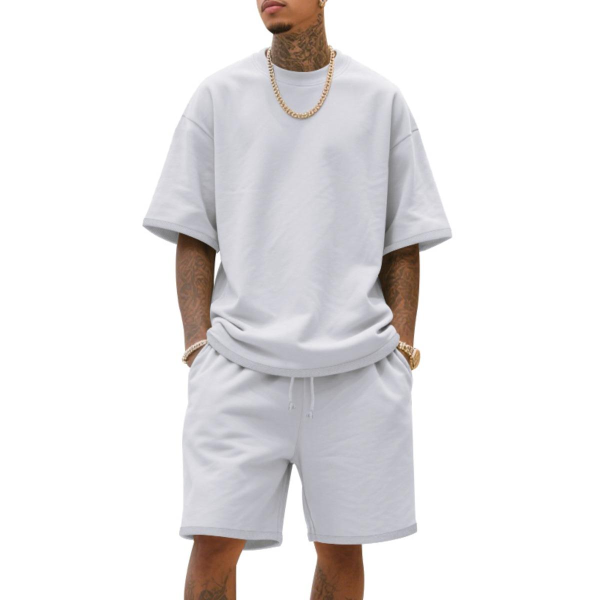 

2025 100% Cotton Men s Summer American-Style Loose High Street Hip-Hop Sport Short-Sleeved Set with Shorts S