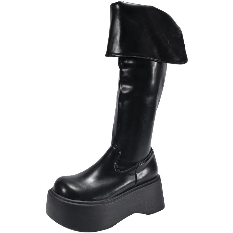 Móda Platformní baleríny Dámské Nad koleno Sněhové vysoké boty Značka Fad Boty na vysokém podpatku Zima 2025 Trend Goth Kožené boty Botas Mujer