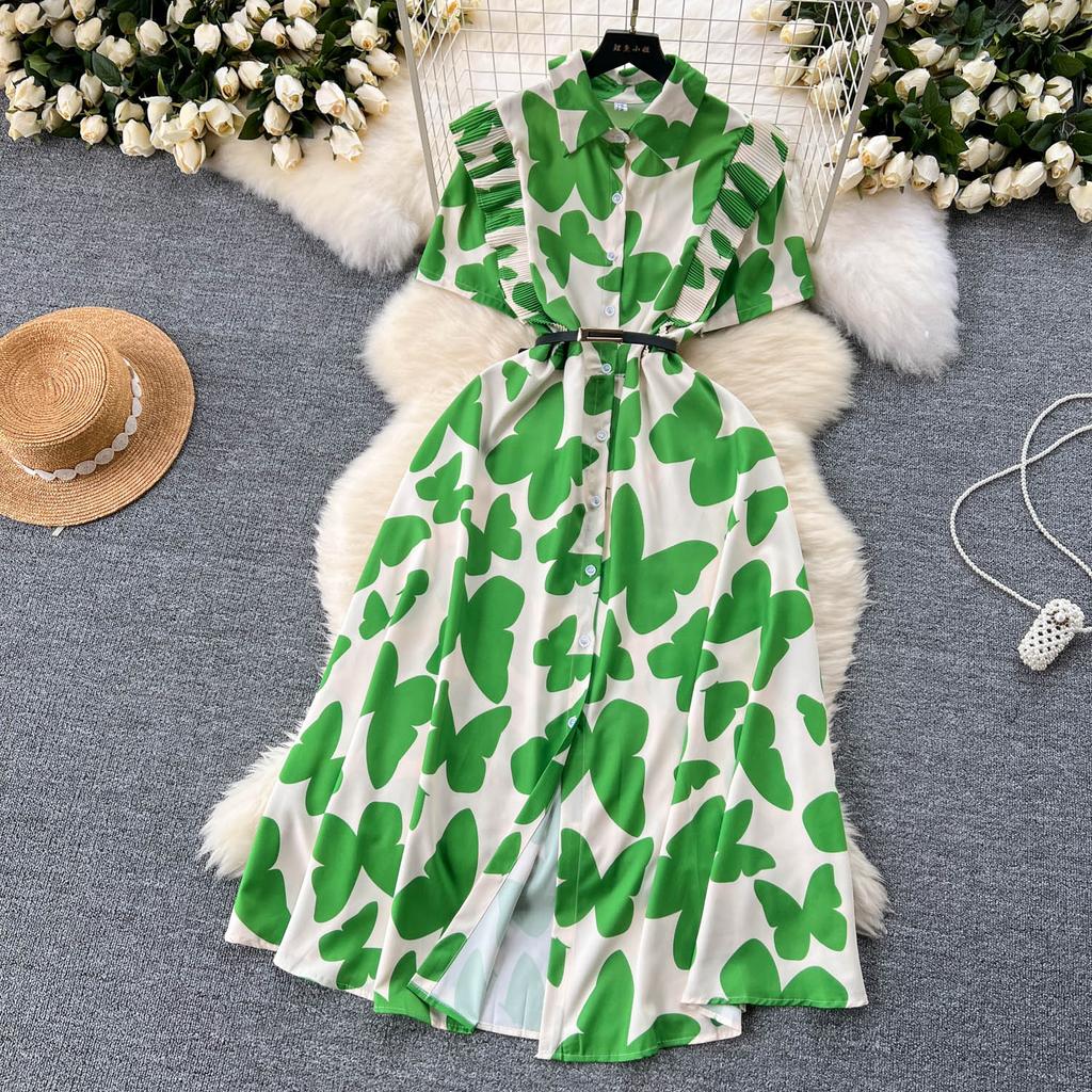 Šik Elegantní Potisk Jedlá Stromová Houba Krátký Rukáv Elegantní Zavinovací Límec Bodycon Šaty Módní Štíhlé Letní Šaty