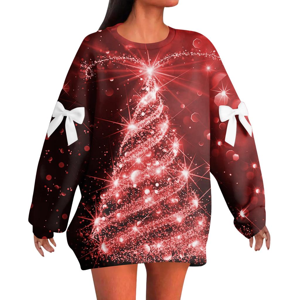 Ladies' Christmas Printed Bow Round Neck Long Sleeved Loose Pullover Sweater Sweatshirt Top