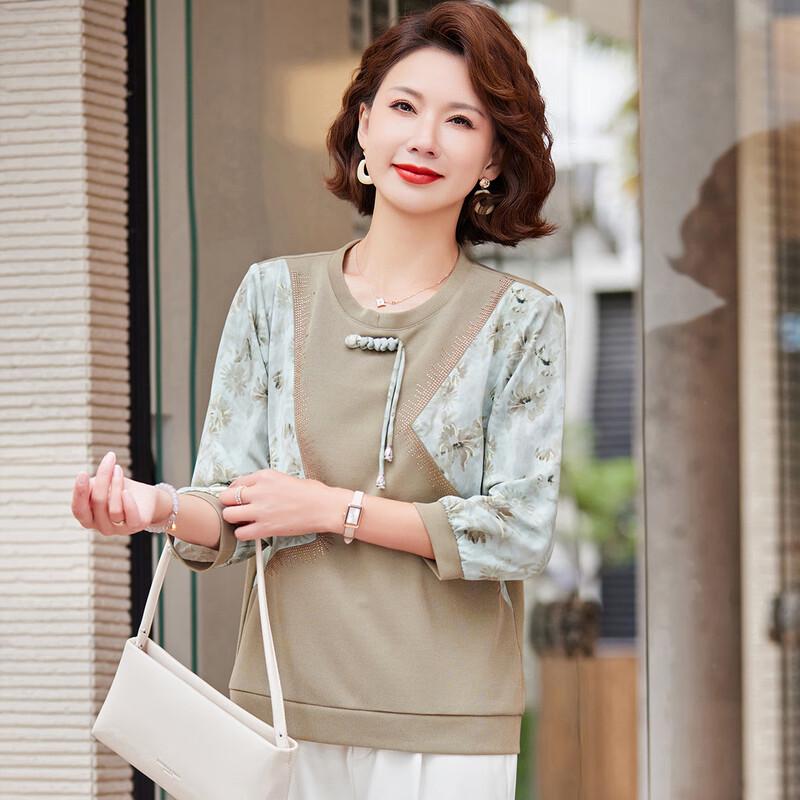 Pa Si Te Women's Chinese Style Patchwork Floral Seven-Sleeve T-Shirt