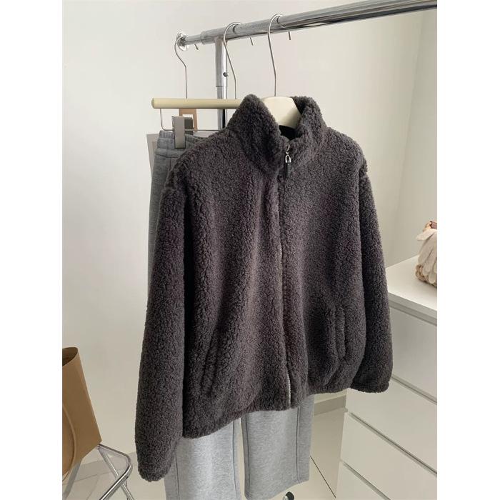Lambswool Real Super Plus Size Stand Collar Zipper Fleece Lined Jacket XL кофейный