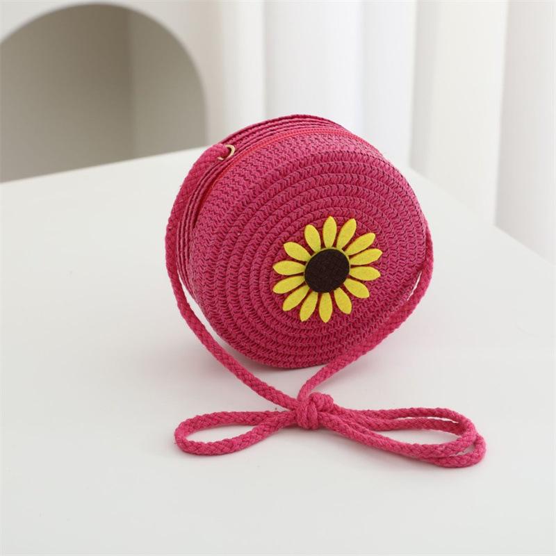 Summer Solid Color Straw Bag Shoulder Messenger Round Bag Children Versatile Outing Beach Bag Light Board DIY Round Weaving