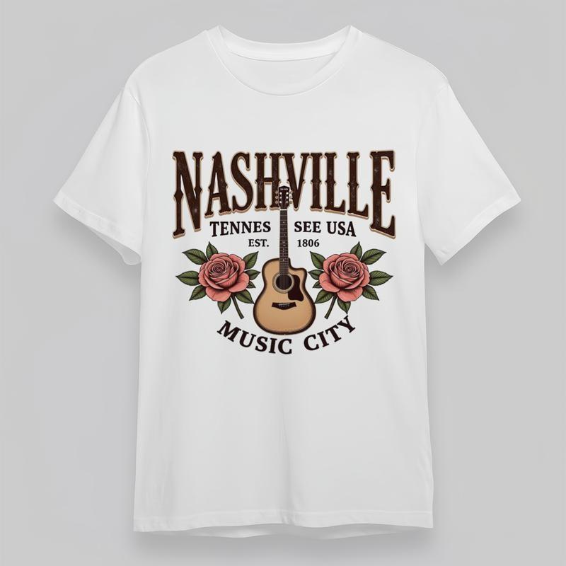 Dámské nadměrné módní klasické tričko s tématem kytarové hudby Nashville, bavlněné tričko