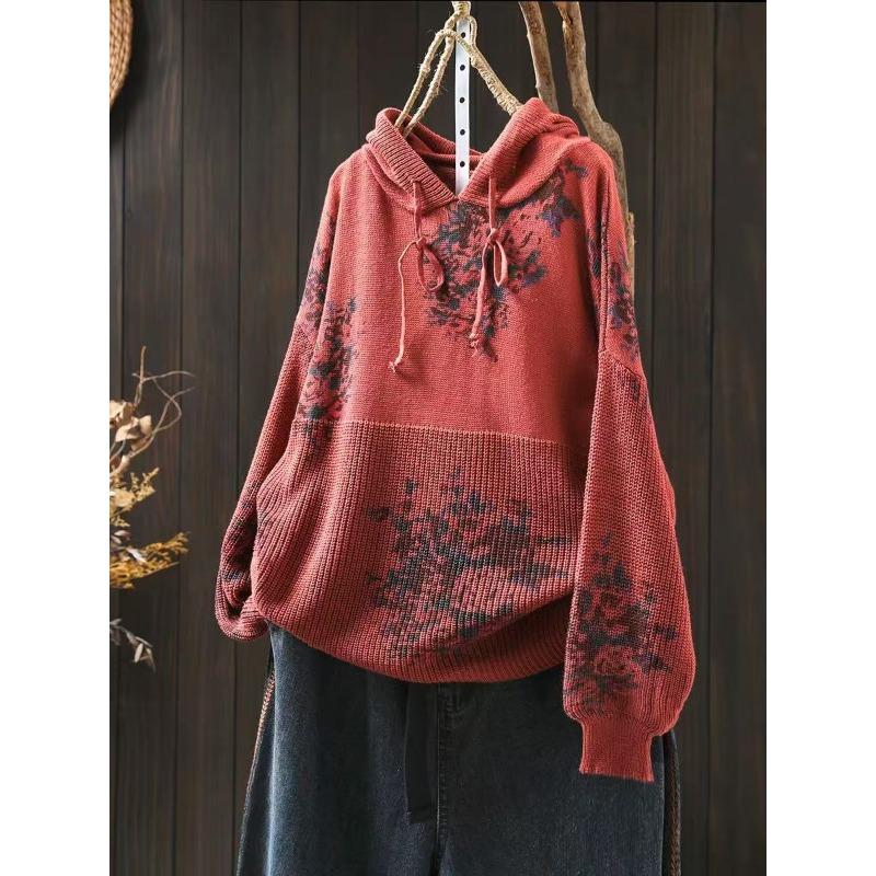 

Women s Fashion Casual Fall Winter Flower Pattern Print Long Sleeve Hooded Sweaters Size: One Size красный