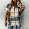 Women Plus Size Brown Blue Plaid Printed Collared Neck Short Sleeve Button Front High Low Curved Hem Shirt