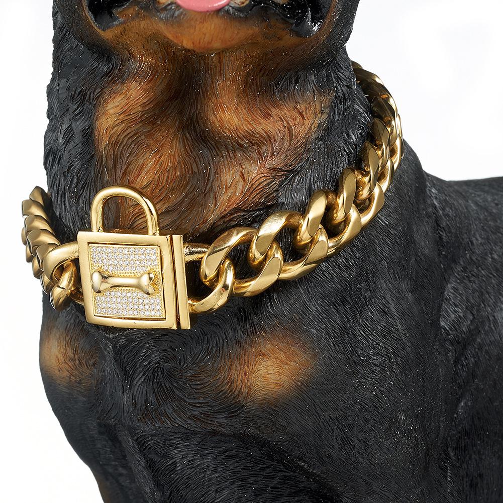 Factory  Cuban Chain Dog Collar Custom Sizes 19mm Lock Gold Stainless Steel Chain