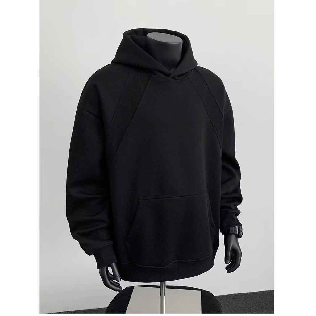 American Style Grey Deconstructed Patchwork Men's Hoodie, Spring/Autumn Trend, High Neck, Socially Anxious Persona, Fashionable Outerwear