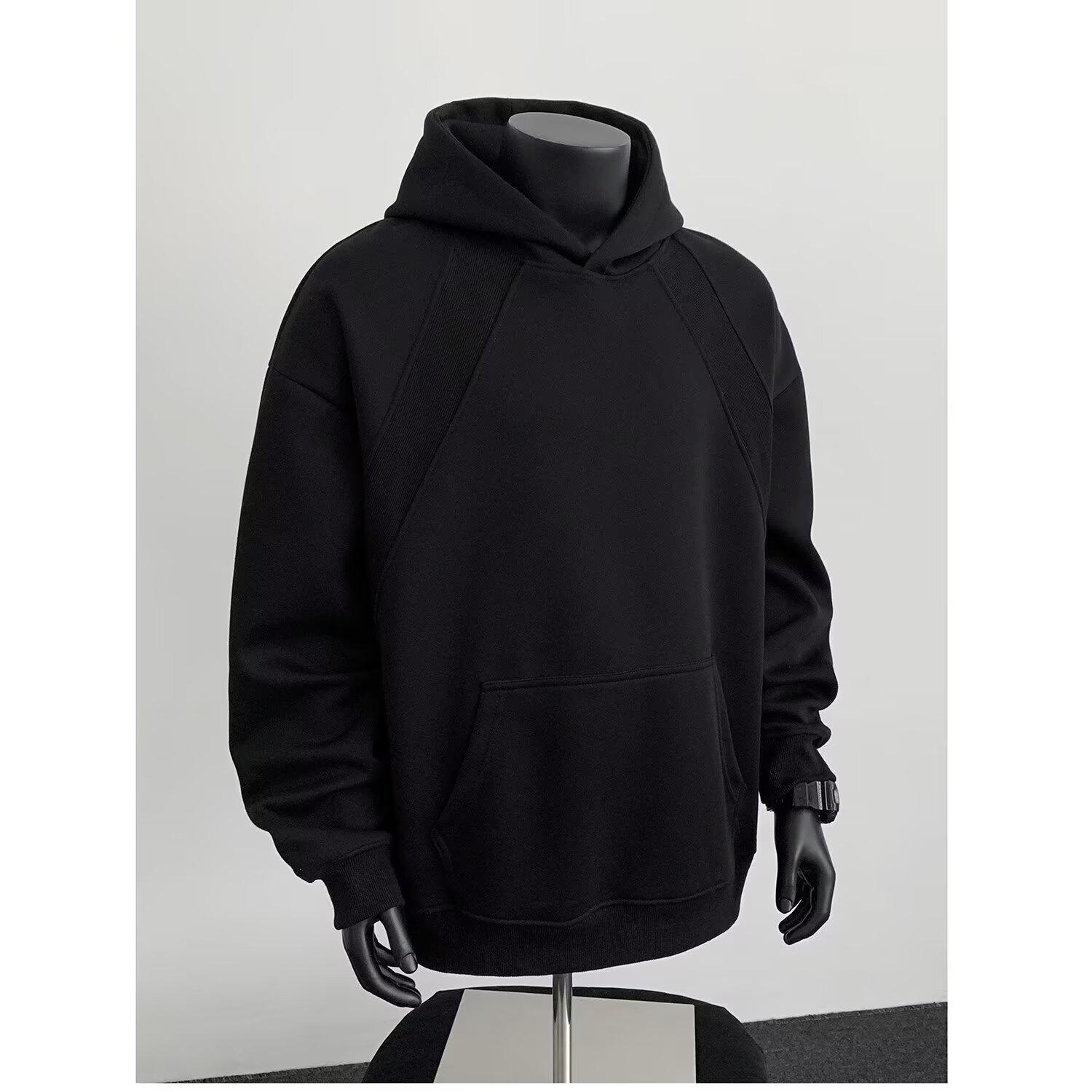 American Style Grey Deconstructed Patchwork Men s Hoodie, Spring/Autumn Trend, High Neck, Socially Anxious Persona, Fashionable Outerwear L чёрный