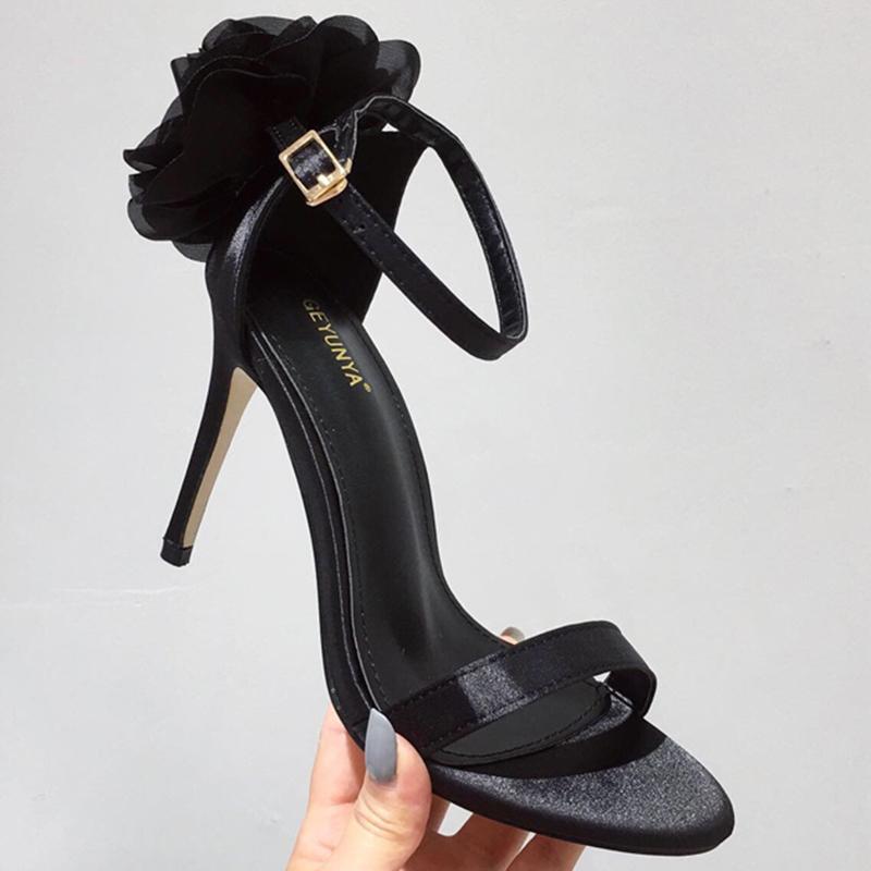 Modne Eleganckie Damskie Sandały na Wysokim Obcasie 11cm Kwiatowe Ślubne Imprezowe Szpilki Jedwabne Sandałki Pani Fetysz Paskowe Buty