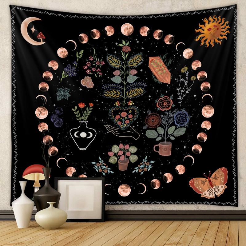 Floral Moon Phase Tapestry Boho Aesthetic Wall Hanging for Bedroom Living Room Dorm Hippie Vintage Home Decor