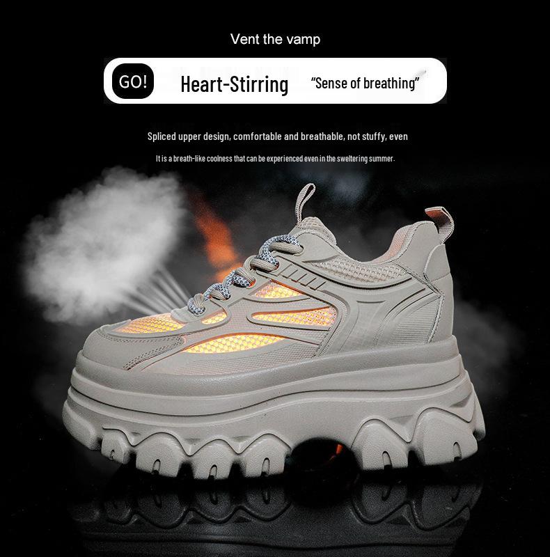 Women's Genuine Leather Height-Increasing Platform Dad Shoes - Breathable, Mesh, Hidden Heel for Autumn & Winter