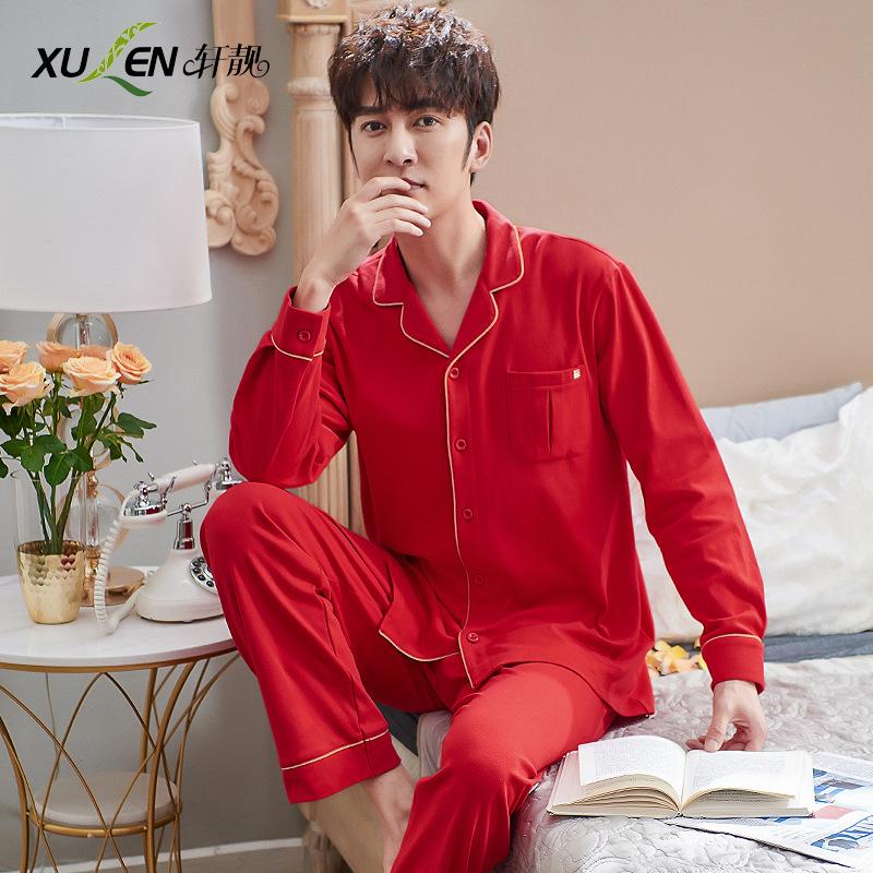 Couple pajamas spring and autumn 100% pure cotton men and women bride wedding big red loungewear long-sleeved suit natal year