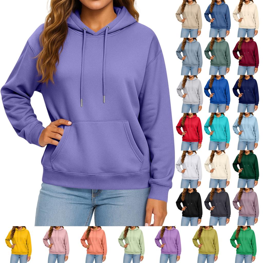 Women's And Men's Fashion Solid Color Long Sleeved Hooded Pullover With Pockets Casual Adult Sweatshirt Top