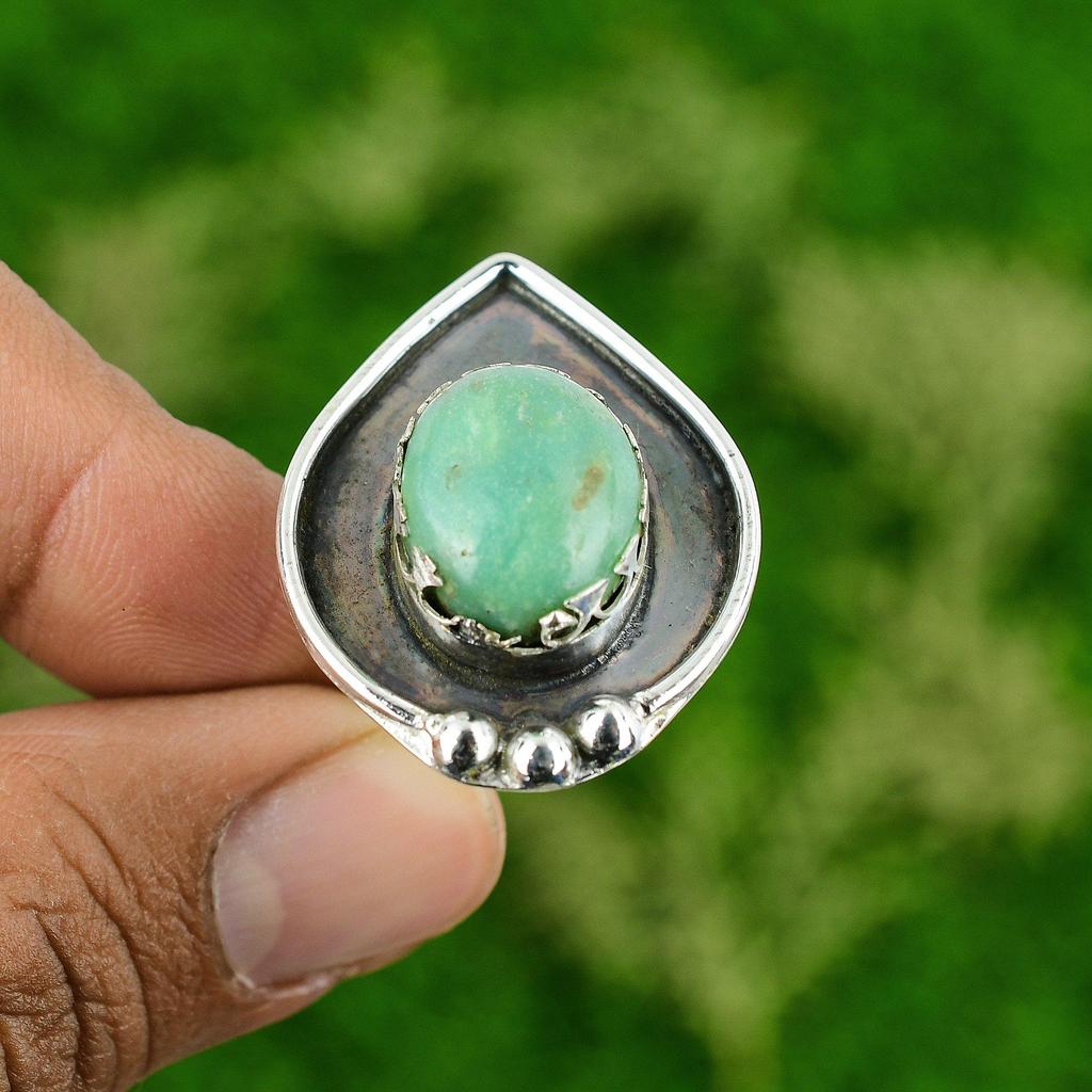 Natural Chrysoprase Gemstone Promise Adjustable Ring 925 Silver For Girls