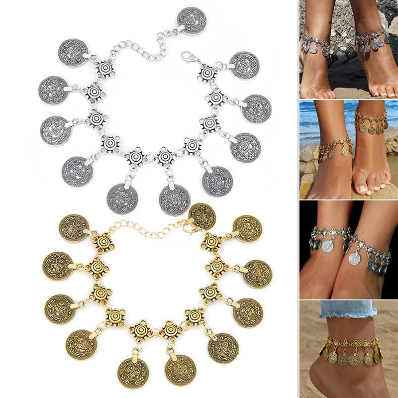 Vintage Bohemian Metal Tassel Barefoot Beach Foot Anklet Luxury Charm Coin Ankle Bracelet For Women Friendship Jewelry