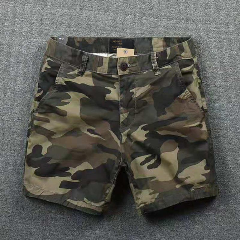 Shawn Yue Men's Loose Straight Camo Cotton Shorts - Elastic Waist, Casual Retro Design.
