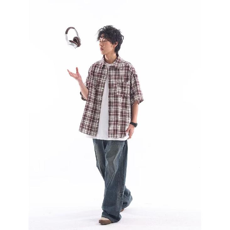 Summer New Color Blocked Plaid Lapel Shirt Japanese Retro Pocket Decoration Short Sleeved Shirt